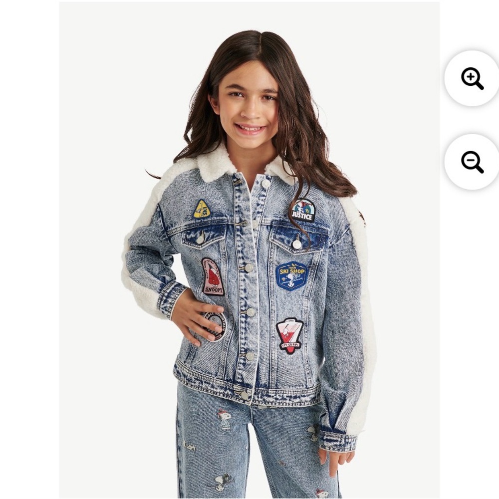 Justice warm Light Blue Denim Jacket with snoopy Patches sz L nwt - Picture 2 of 5